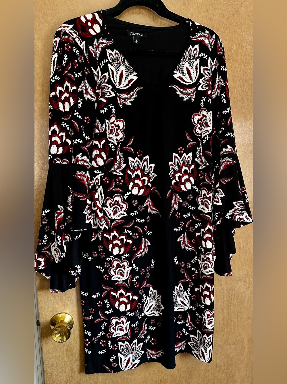 Roz & Ali Black Floral V-Neck Bell Sleeve Dress with Red and White Embroidery